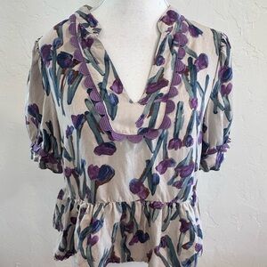 Entro Floral Puff Sleeve Peplum Blouse Scalloped Trim V Neck